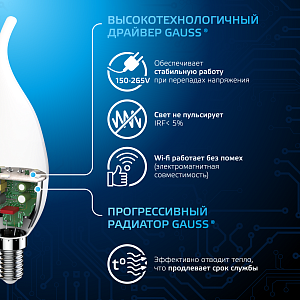 Лампа Gauss Свеча на ветру 6.5W 550lm 6500K E14 LED 1/10/50