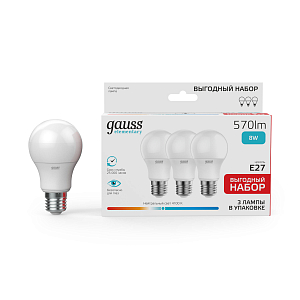 Лампа Gauss Elementary A60 8W 570lm 4100K E27 (3 лампы в упаковке) LED 1/30