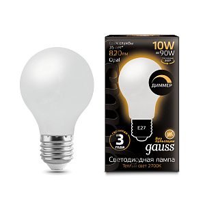 Лампа Gauss Filament А60 10W 820lm 2700К Е27 milky диммируемая LED 1/10/40