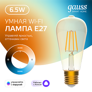 Лампа Gauss Smart Home Filament ST64 6,5W 720lm 2000-5500К E27 изм.цвет.темпр.+дим. LED 1/10/40