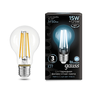 Лампа Gauss Filament А60 15W 1450lm 4100К Е27 LED 1/10/40