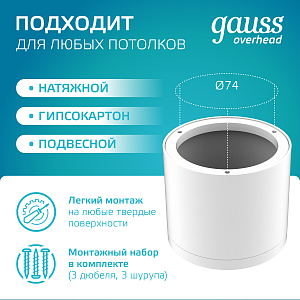 Светильник Gauss Overhead накл цил 10W 720lm 4100K 170-240V IP20 88*75мм белый с расс LED 1/30