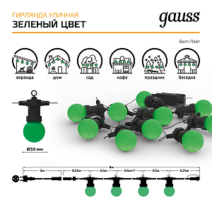 Гирлянда светодиодная "Белт Лайт" Gauss серия Holiday, 10 ламп, 7,7 м, IP44, зеленый, 1/6