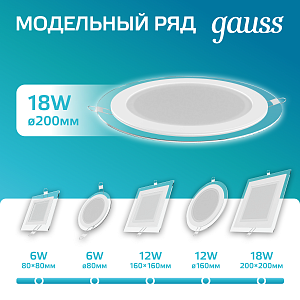 Светильник Gauss Glass круг 18W 1480lm 4000K 185-265V IP20 монт Ø170 200*36 с дек стеклом LED 1/20