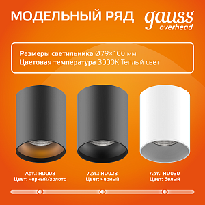 Светильник Gauss Overhead накл цил 12W 900lm 3000K 170-240V IP20 79*100мм черный LED 1/10