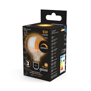 Лампа Gauss Filament G95 6W 620lm 2400К Е27 golden диммируемая LED 1/20