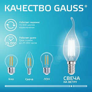 Лампа Gauss Filament Elementary Свеча на ветру 8W 540lm 4100К Е14 LED 1/10/100