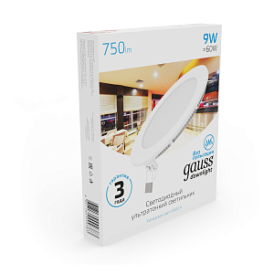 Светильник Gauss Slim круг 9W 750lm 6500K 180-265V IP20 монтаж Ø130 145*22 LED 1/20