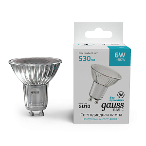 Лампа Gauss Basic MR16 6W 530lm 4000K GU10 LED 1/10/100