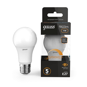 Лампа Gauss A60 11W 960lm 3000К E27 диммируемая LED 1/10/50