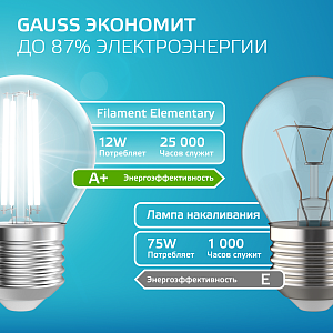 Лампа Gauss Filament Elementary Шар 12W 750lm 4100К Е27 LED 1/10/100
