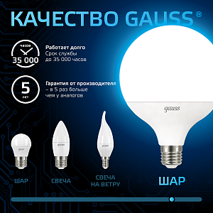 Лампа Gauss G125 22W 1900lm 6500K E27 LED 1/10
