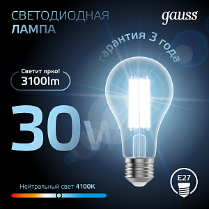 Лампа Gauss Filament А70 30W 3100lm 4100К Е27 LED 1/10/40