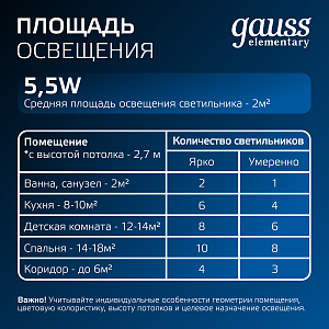 Светильник Gauss Elementary Downlight круг 5,5W 460lm 4000K 170-260V IP20 95*26 белый LED 1/100
