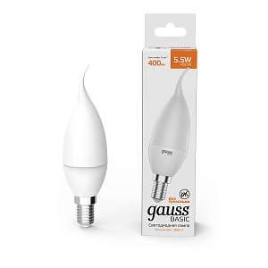 Лампа Gauss Basic Свеча на ветру 5,5W 400lm 3000K E14 LED 1/10/50