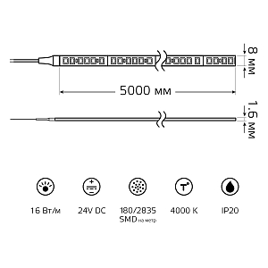 Лента Gauss LED 2835/180 24V 16W/m 1800lm/m 4000K 8mm IP20 5m 1/100