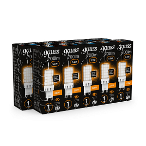 Лампа Gauss G9 AC185-265V 5,5W 700lm 3000K керамика LED 1/10/200