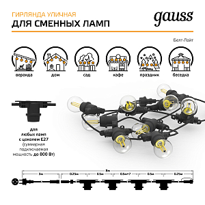 Гирлянда "Белт Лайт" Gauss серия Holiday для сменных ламп Е27, 10 ламп, 8 м, IP65, сечение 2*0,75мм², черный,  1/8