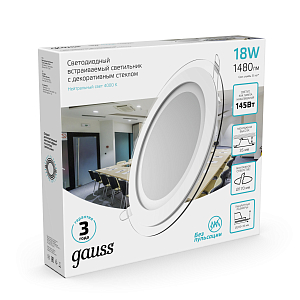 Светильник Gauss Glass круг 18W 1480lm 4000K 185-265V IP20 монт Ø170 200*36 с дек стеклом LED 1/20