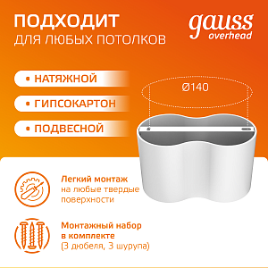 Светильник Gauss Overhead накладной двойной цилиндр 24W 1600lm 3000K 170-240V IP20 180*100мм белый LED 1/10