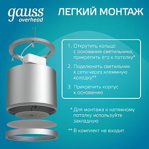 Светильник Gauss Overhead накл цил 10W 720lm 4100K 170-240V IP20 88*75мм хром сатин с расс LED 1/30