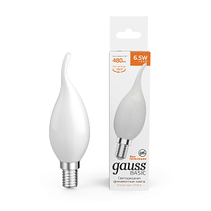 Лампа Gauss Basic Filament Свеча на ветру 6,5W 480lm 2700К Е14 milky  LED 1/10/50