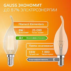 Лампа Gauss Filament Elementary Свеча на ветру 8W 510lm 2700К Е14 LED 1/10/100