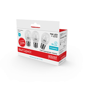 Лампа Gauss Elementary Шар 7W 470lm 4100K E27 (3 лампы в упаковке) LED 1/40