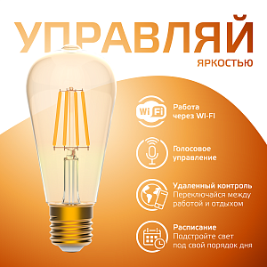 Лампа Gauss Smart Home Filament ST64 7W 740lm 2500К E27 диммируемая LED 1/10/40