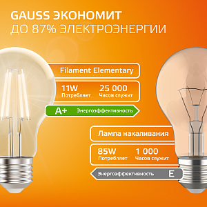 Лампа Gauss Filament Elementary А60 11W 910lm 2700К Е27 LED 1/10/50