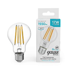 Лампа Gauss Basic Filament А60 17W 1550lm 4100К Е27 LED 1/10/40