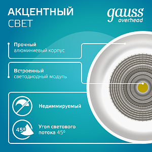 Светильник Gauss Overhead накл цил 12W 920lm 4100K 170-240V IP20 79*100мм белый LED 1/30