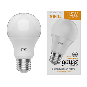 Лампа Gauss Basic A60 11,5W 1060lm 3000K E27 LED 1/10/50