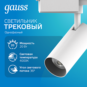 Светильник трековый Gauss цилиндр 20W 1760lm 4000K 180-220V IP20 65*206мм белый линза 36º LED 1/40