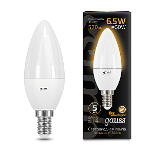 Лампа Gauss Свеча 6.5W 520lm 3000К E14 LED 1/10/100