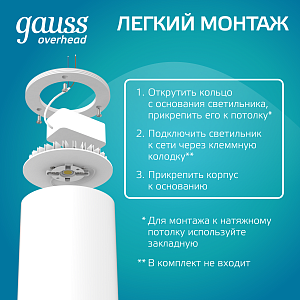 Светильник Gauss Overhead накл цил 12W 920lm 4100K 170-240V IP20 79*100мм белый LED 1/30