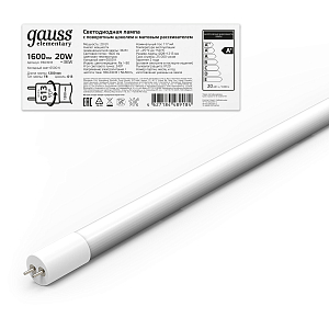 Лампа Gauss Elementary T8 20W 1600lm 6500K G13 1200mm стекло поворотная LED 1/30