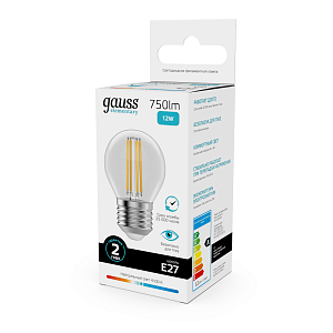 Лампа Gauss Filament Elementary Шар 12W 750lm 4100К Е27 LED 1/10/100