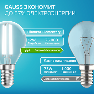 Лампа Gauss Filament Elementary Шар 12W 750lm 4100К Е14 LED 1/10/100
