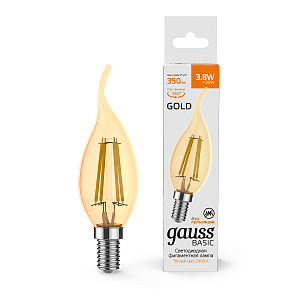 Лампа Gauss Basic Filament Свеча на ветру 3,8W 350lm 2400К Е14 golden LED 1/10/50