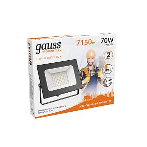 Прожектор светодиодный Gauss Elementary G2 70W 6290lm IP65 3000К черный 1/16