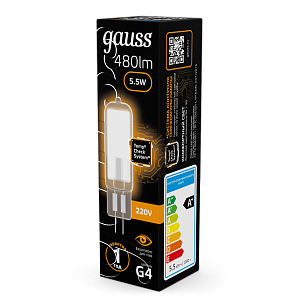 Лампа Gauss G4 AC220-240V 5.5W 480lm 3000K стекло LED 1/10/200