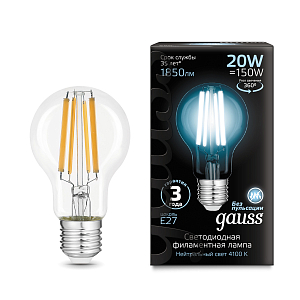 Лампа Gauss Filament А60 20W 1850lm 4100К Е27 LED 1/10/40