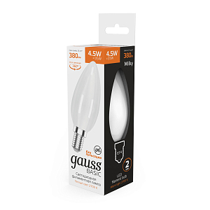 Лампа Gauss Basic Filament Свеча 4,5W 380lm 2700К Е14 milky  LED 1/10/50
