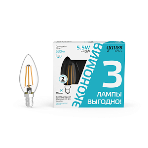 Лампа Gauss Basic Filament Свеча 5,5W 530lm 4100К Е14 LED (3 лампы в упаковке) 1/20