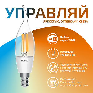 Лампа Gauss Smart Home Filament СF35 4,5W 495lm 2000-6500К E14 изм.цвет.темп.+дим. LED 1/10/40