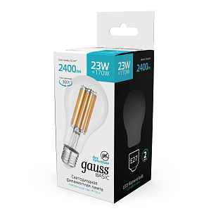 Лампа Gauss Basic Filament А70 23W 2400lm 4100К Е27 LED 1/10/40