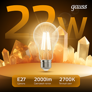 Лампа Gauss Filament А70 22W 2000lm 2700К Е27 LED 1/10/40