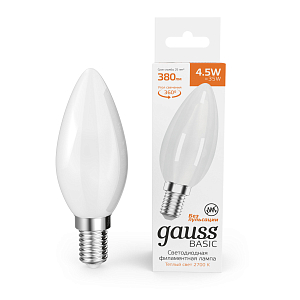 Лампа Gauss Basic Filament Свеча 4,5W 380lm 2700К Е14 milky  LED 1/10/50