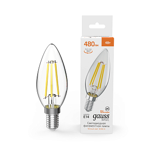 Лампа Gauss Basic Filament Свеча 4W 480lm 3000K E14 LED 1/10/50